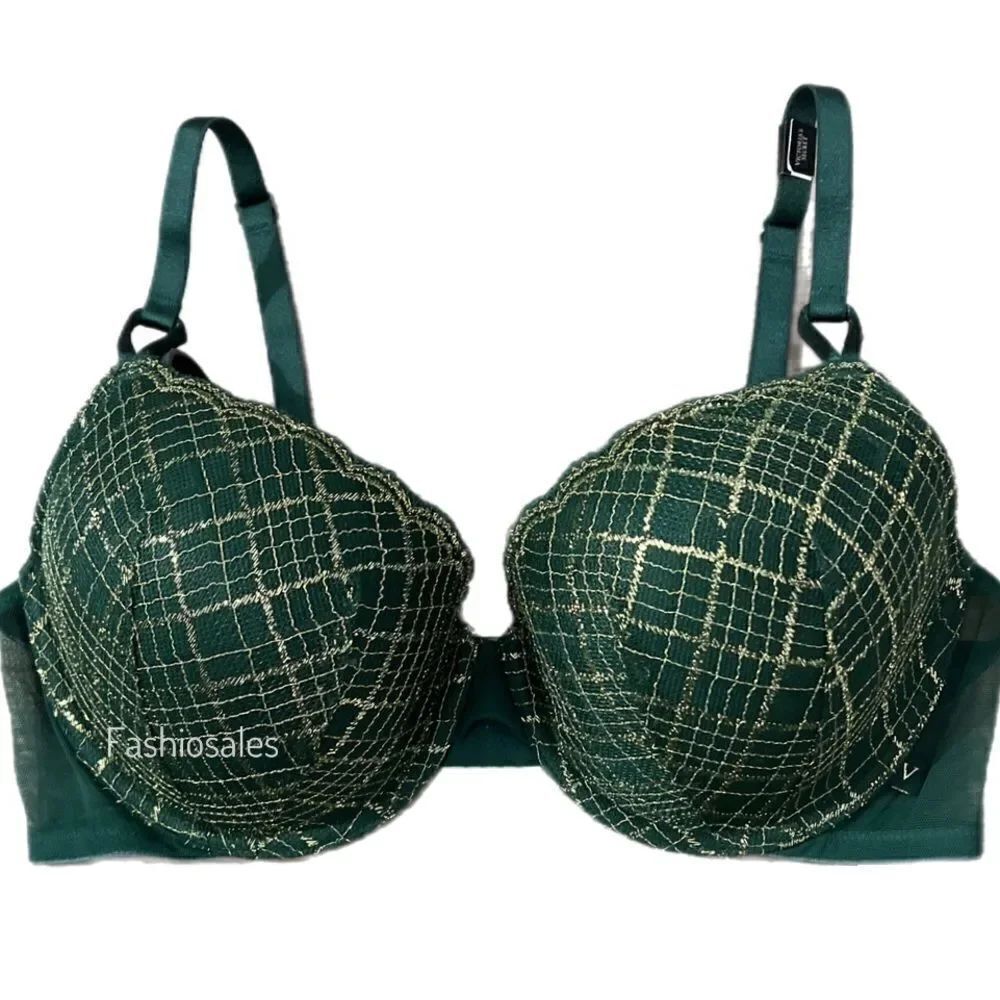 Victorias Secret Lightly Lined Metallic Lace bra green and gold